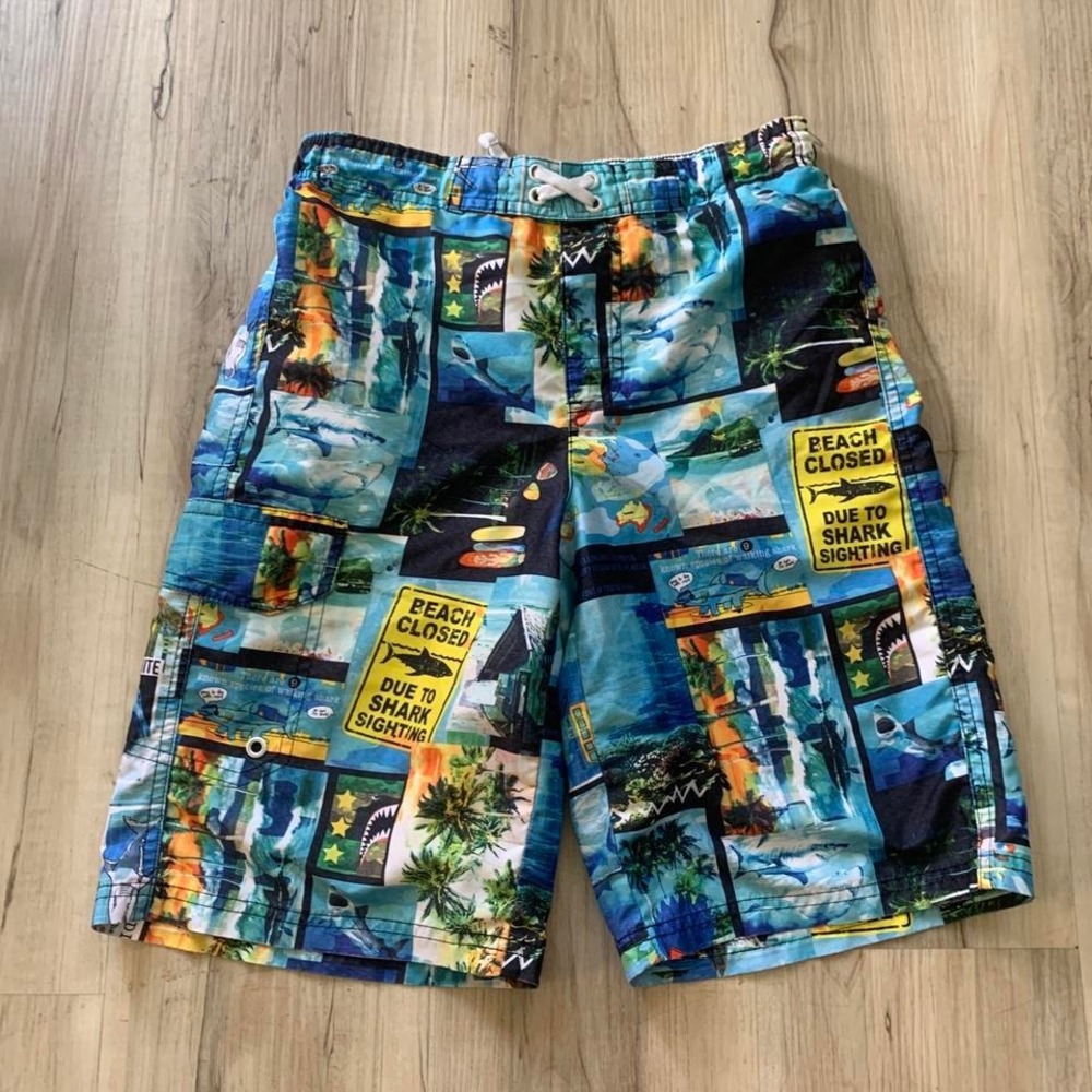 Multicoloured shark print swim shorts